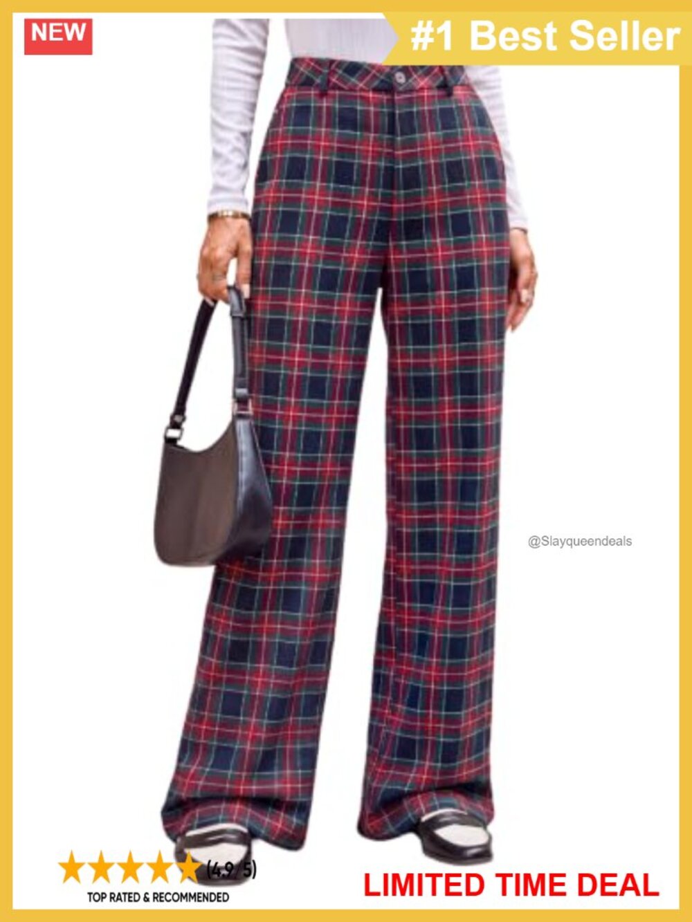 Women's Plaid Wide Leg Trousers Business Casual Mid Rise Pants